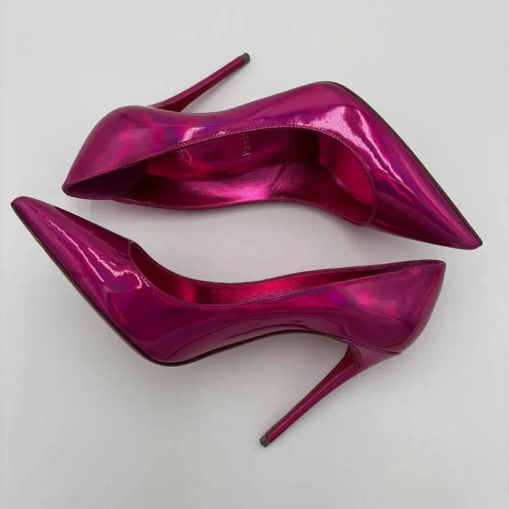 Christian Louboutin Kate 100 Pink Mirrored Leather High Heel Pumps Size EU 38